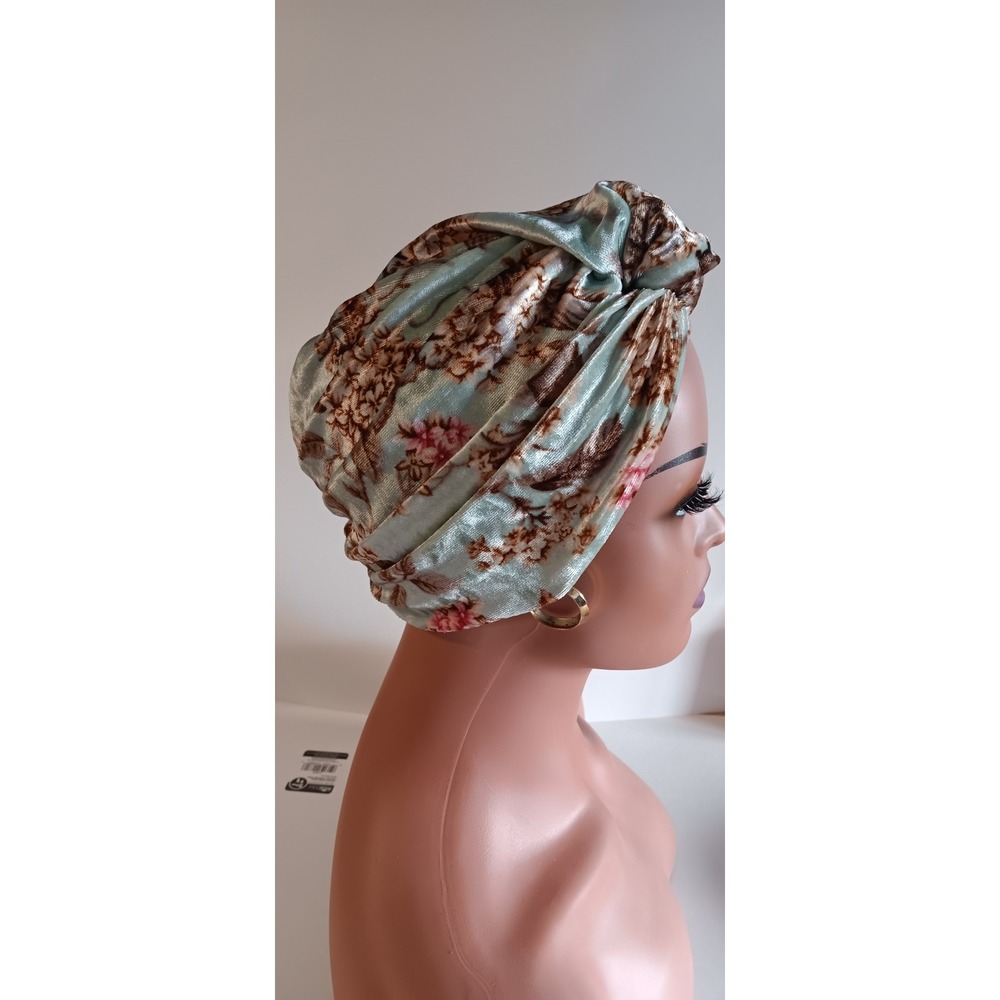Mint Green Floral Velvet Turban Front Twist Hijab Cap Modest Headpiece